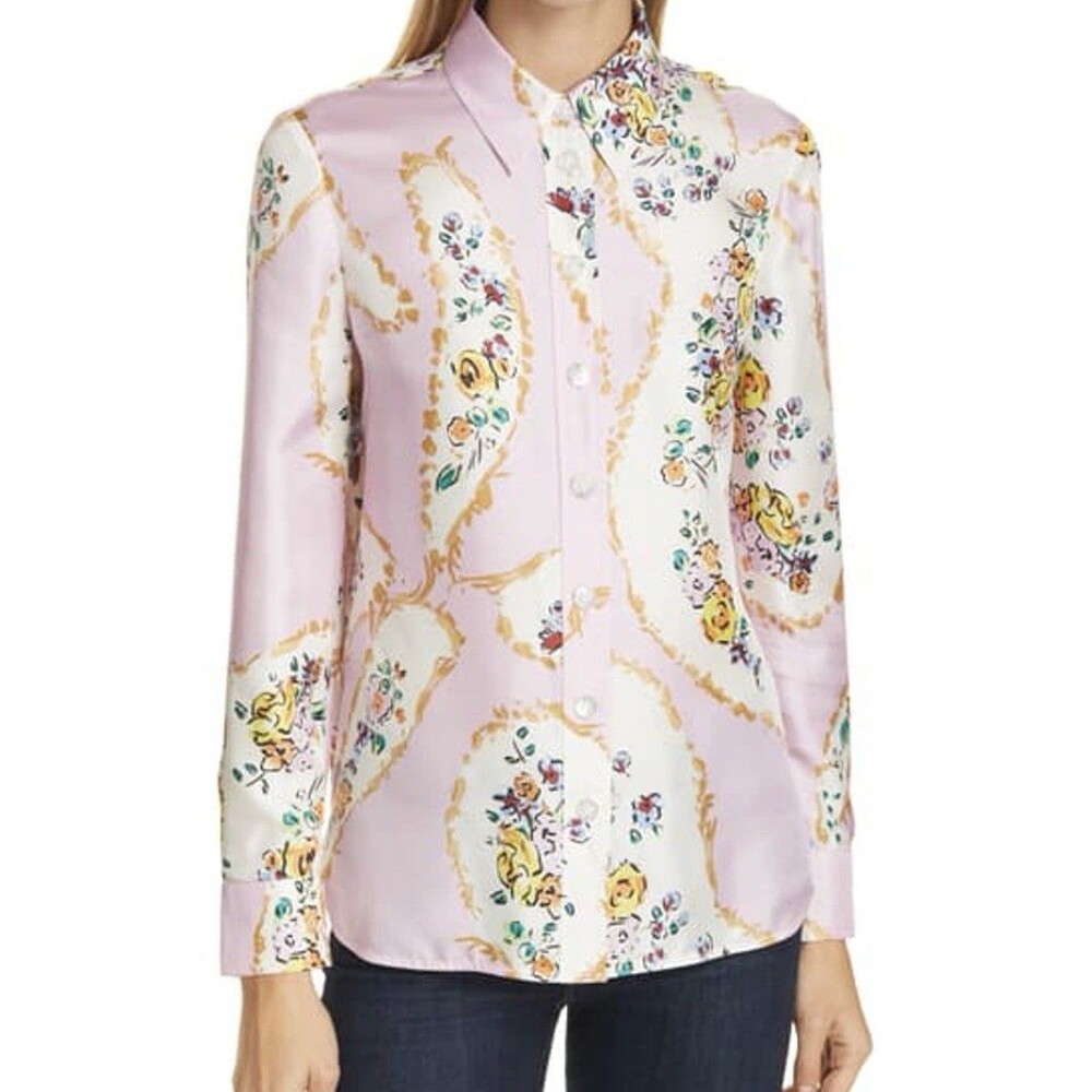 Tory Burch Silk Pink White Porcelain Floral Print Button Up Blouse Size 4